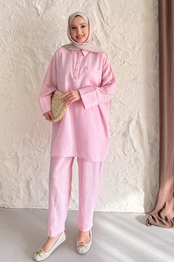 Doğa Keten Şalvar Takım Pembe