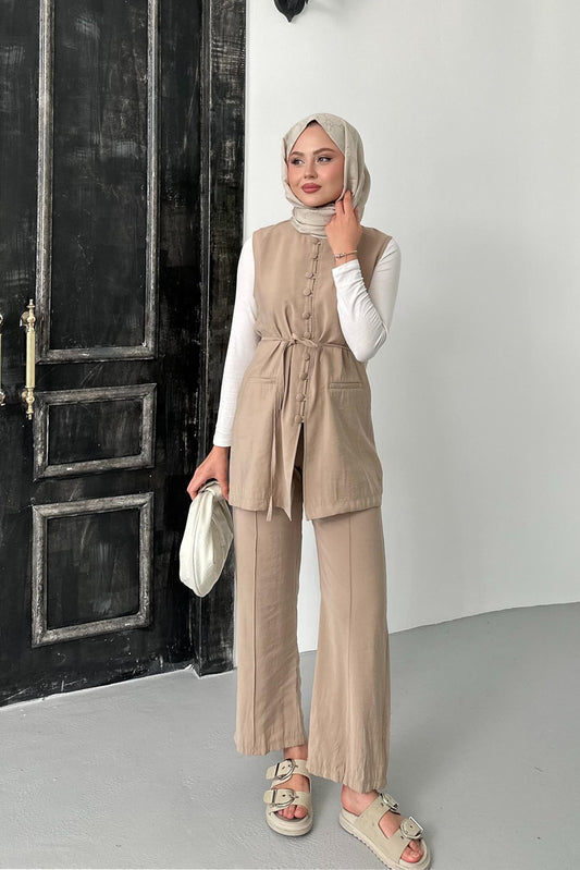 Düğmeli Modal Takım Vizon