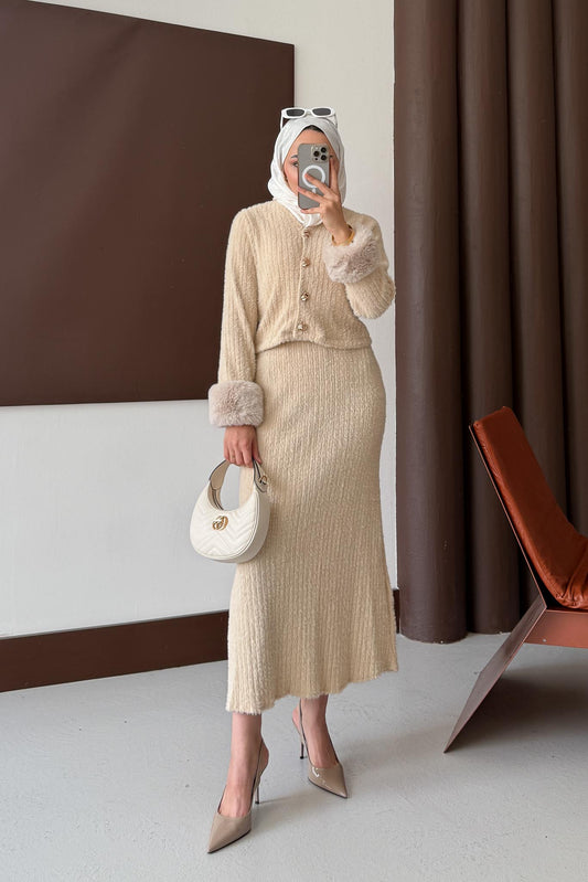 Kürklü Triko Takım Vizon