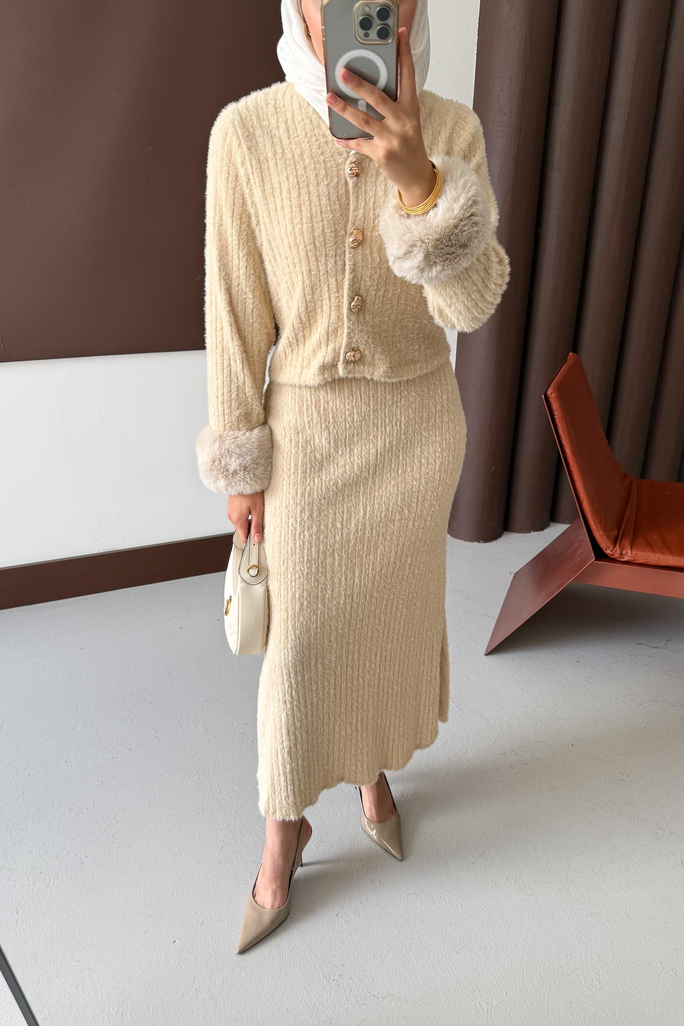 Kürklü Triko Takım Vizon