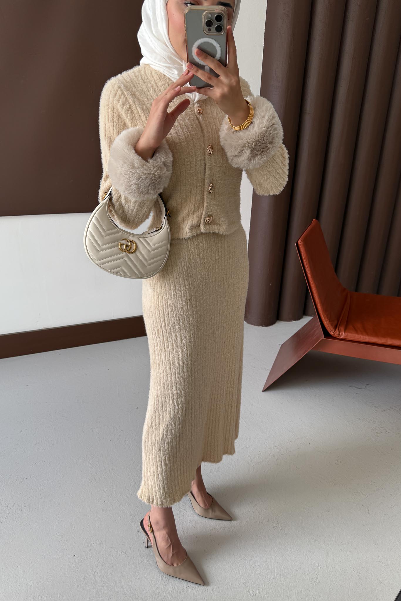 Kürklü Triko Takım Vizon