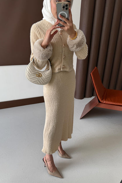 Kürklü Triko Takım Vizon