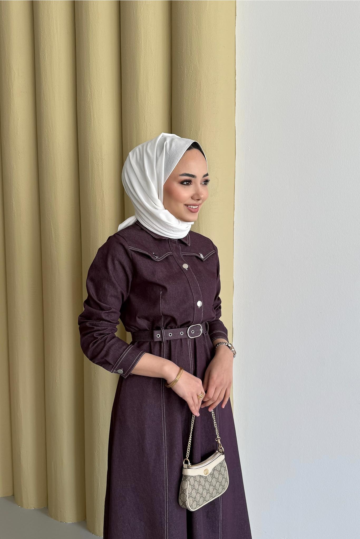 Kemerli Kot Elbise Mürdüm