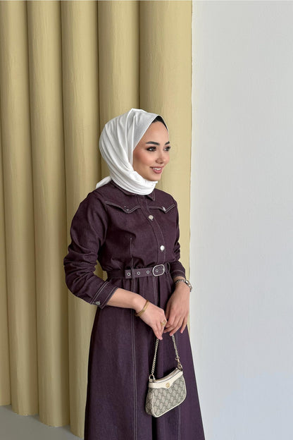 Kemerli Kot Elbise Mürdüm