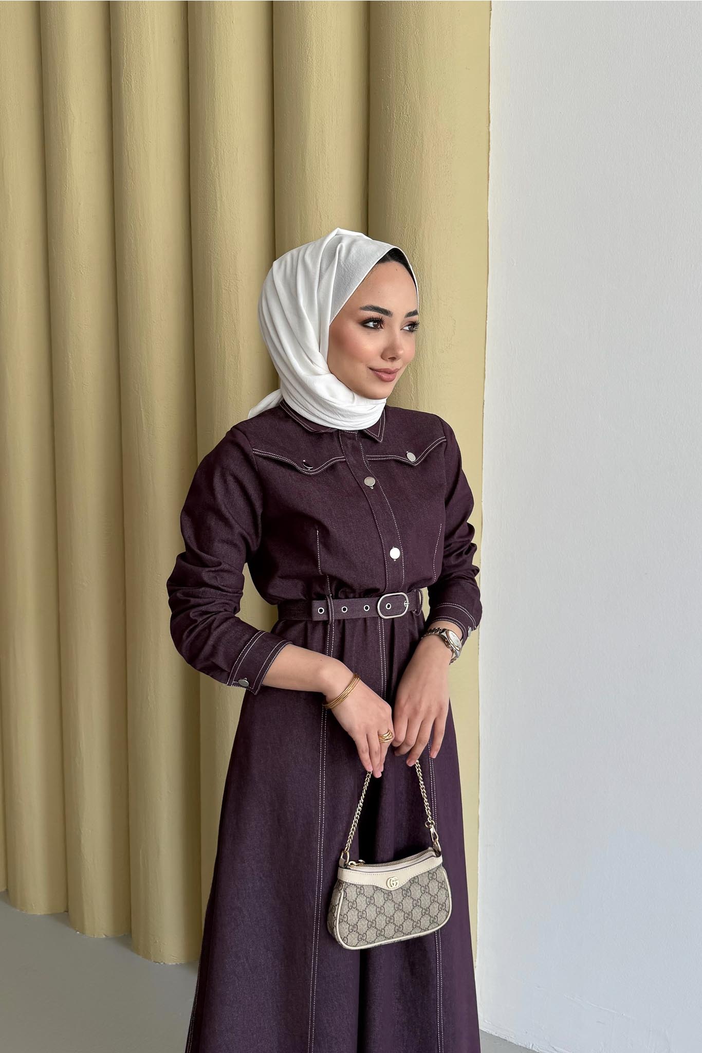 Kemerli Kot Elbise Mürdüm