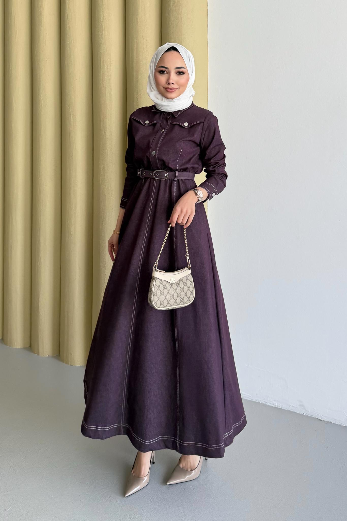 Kemerli Kot Elbise Mürdüm