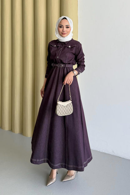 Kemerli Kot Elbise Mürdüm