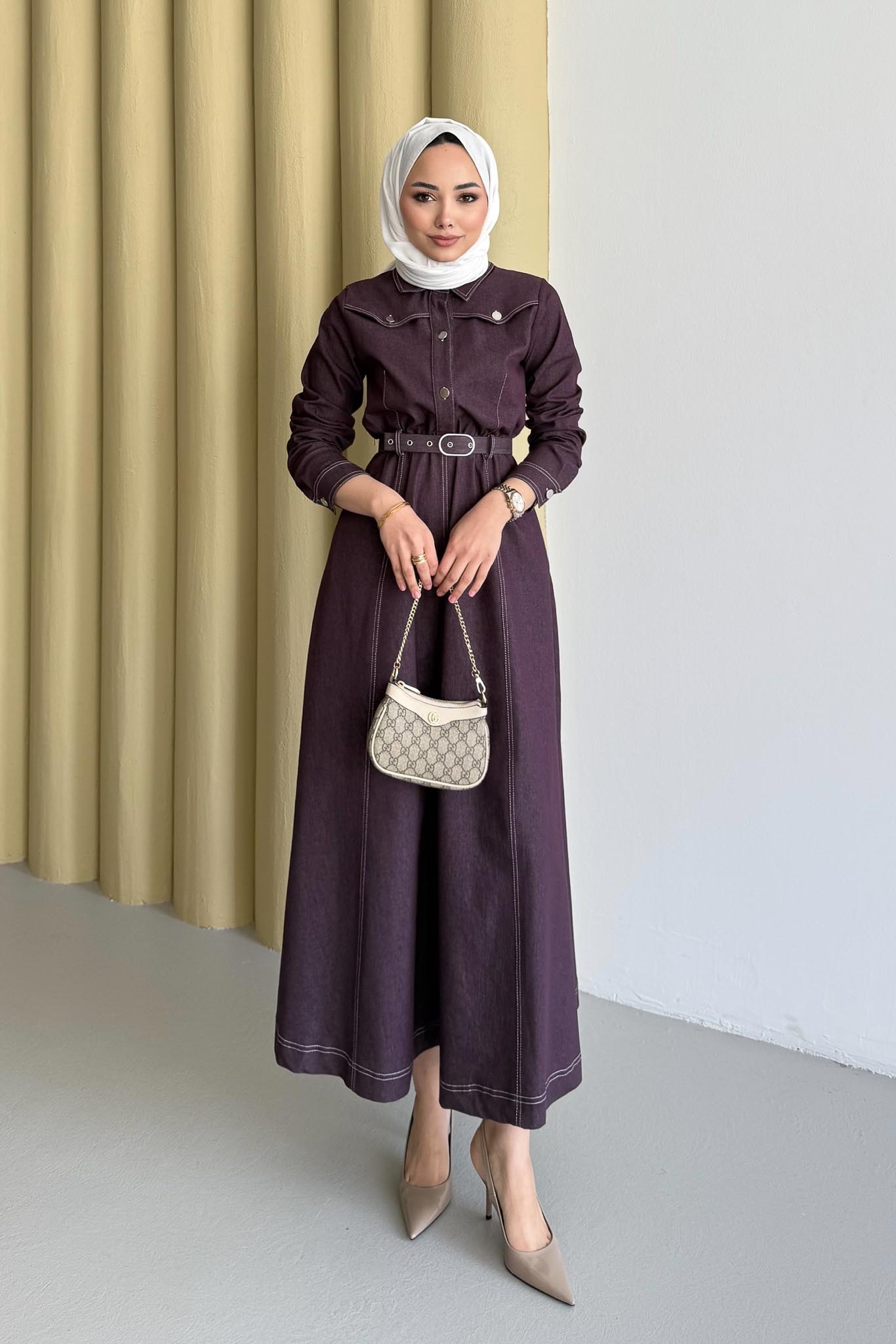 Kemerli Kot Elbise Mürdüm