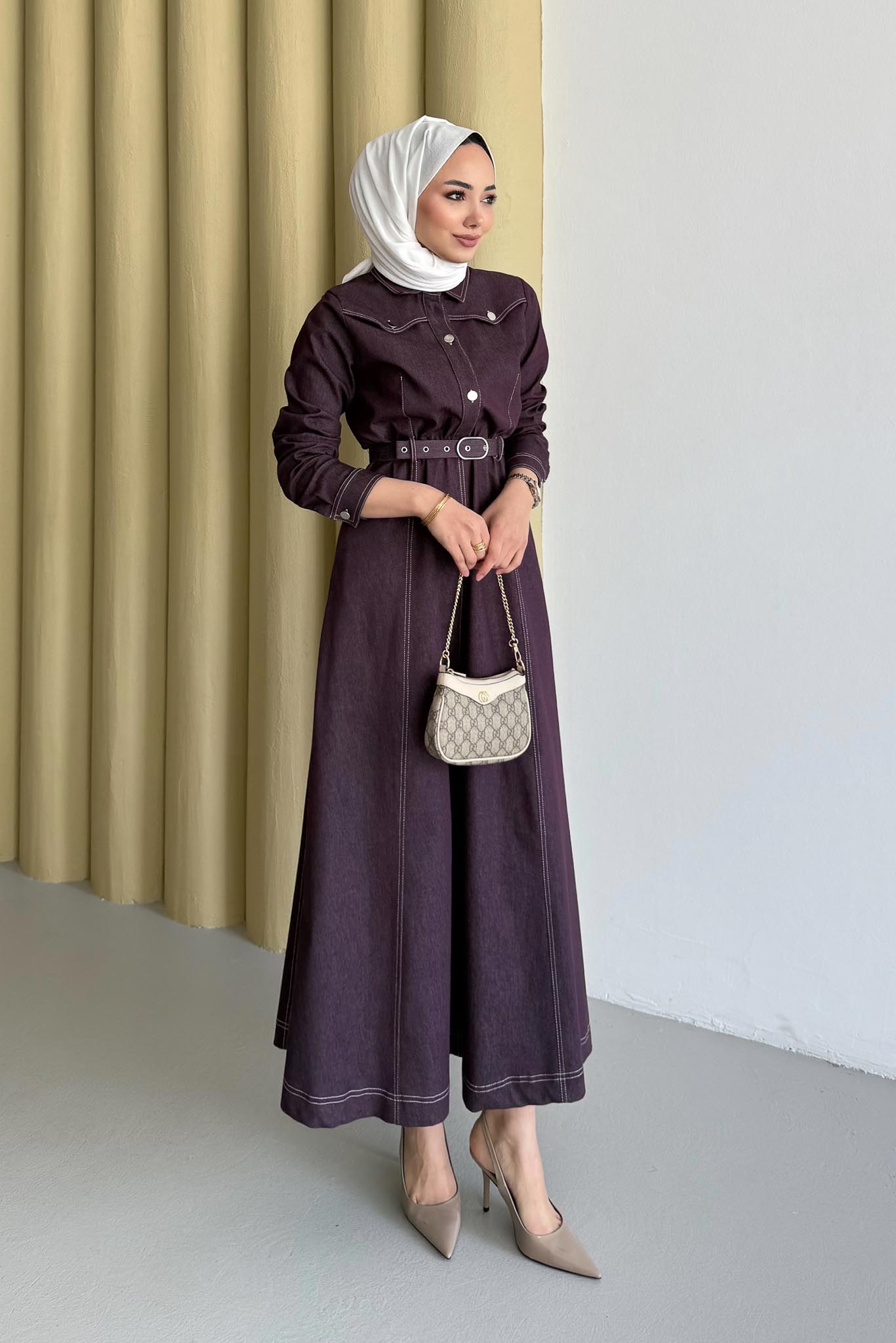 Kemerli Kot Elbise Mürdüm