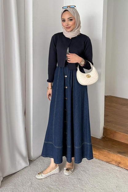 Düğmeli Kot Etek Lacivert