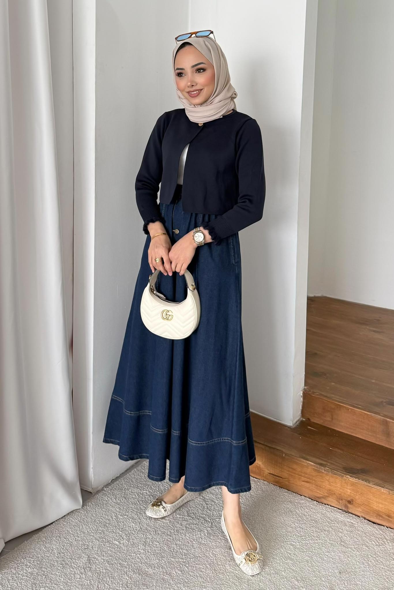 Düğmeli Kot Etek Lacivert