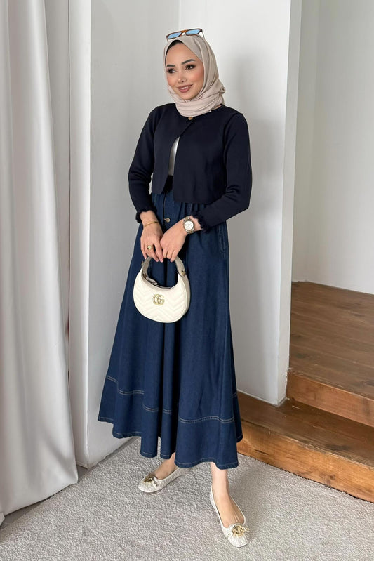 Düğmeli Kot Etek Lacivert