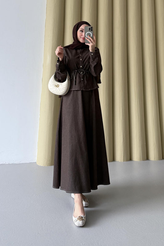 Düğmeli Kot Takım Kahverengi