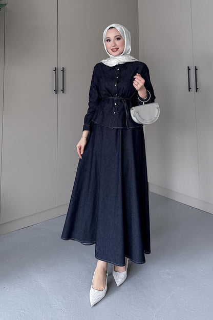 Düğmeli Kot Takım Lacivert