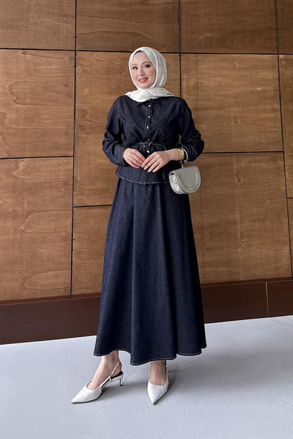 Düğmeli Kot Takım Lacivert