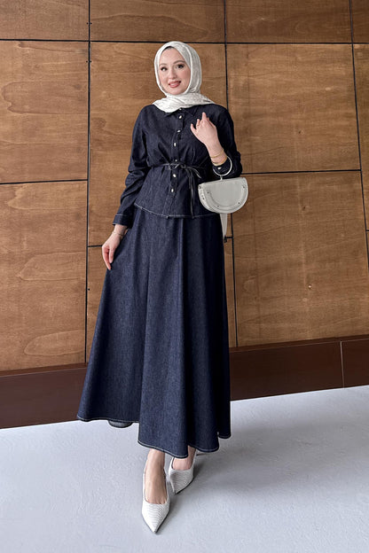 Düğmeli Kot Takım Lacivert