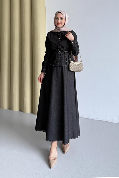 Düğmeli Kot Takım Siyah