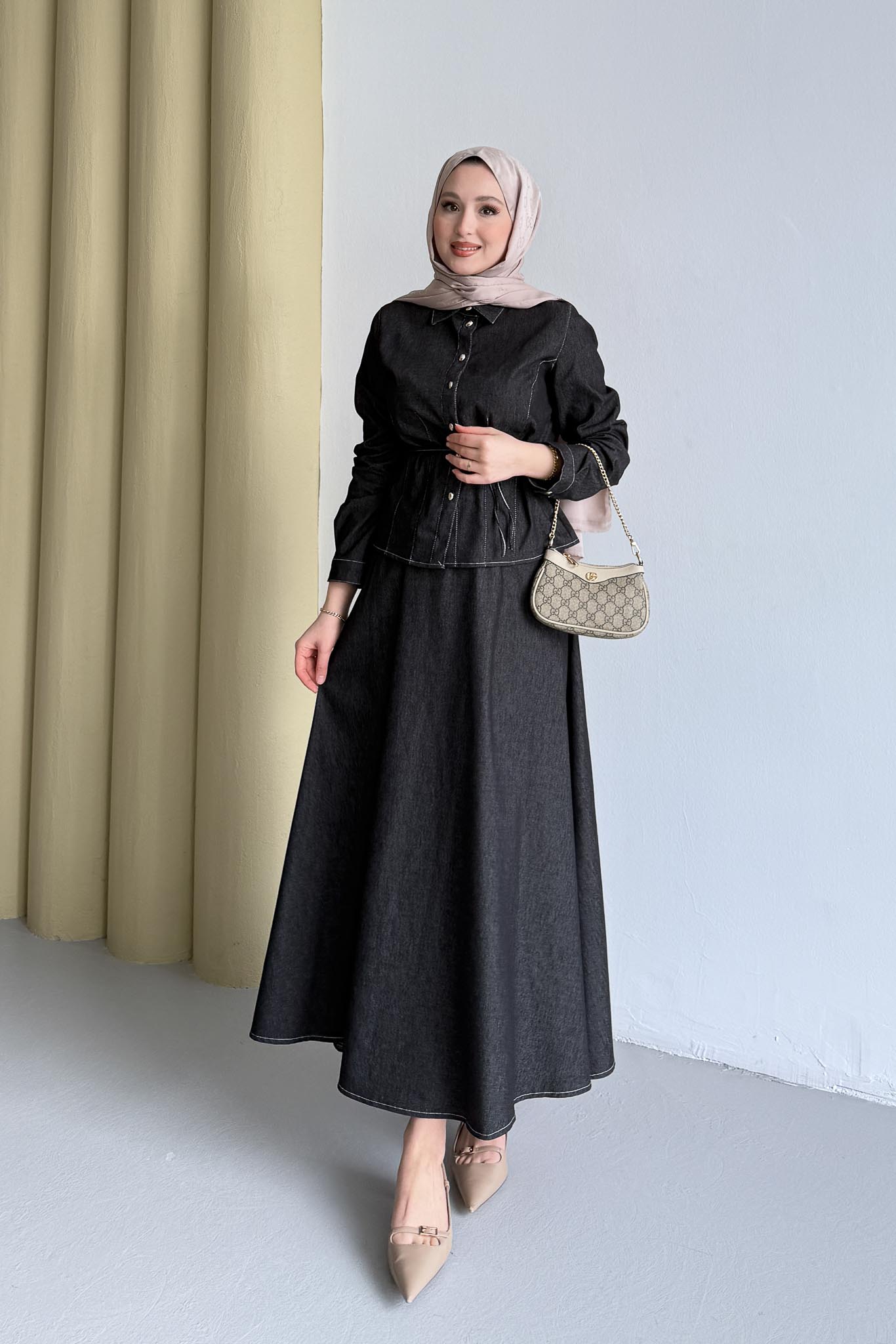 Düğmeli Kot Takım Siyah