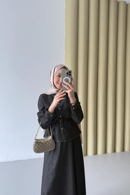 Düğmeli Kot Takım Siyah