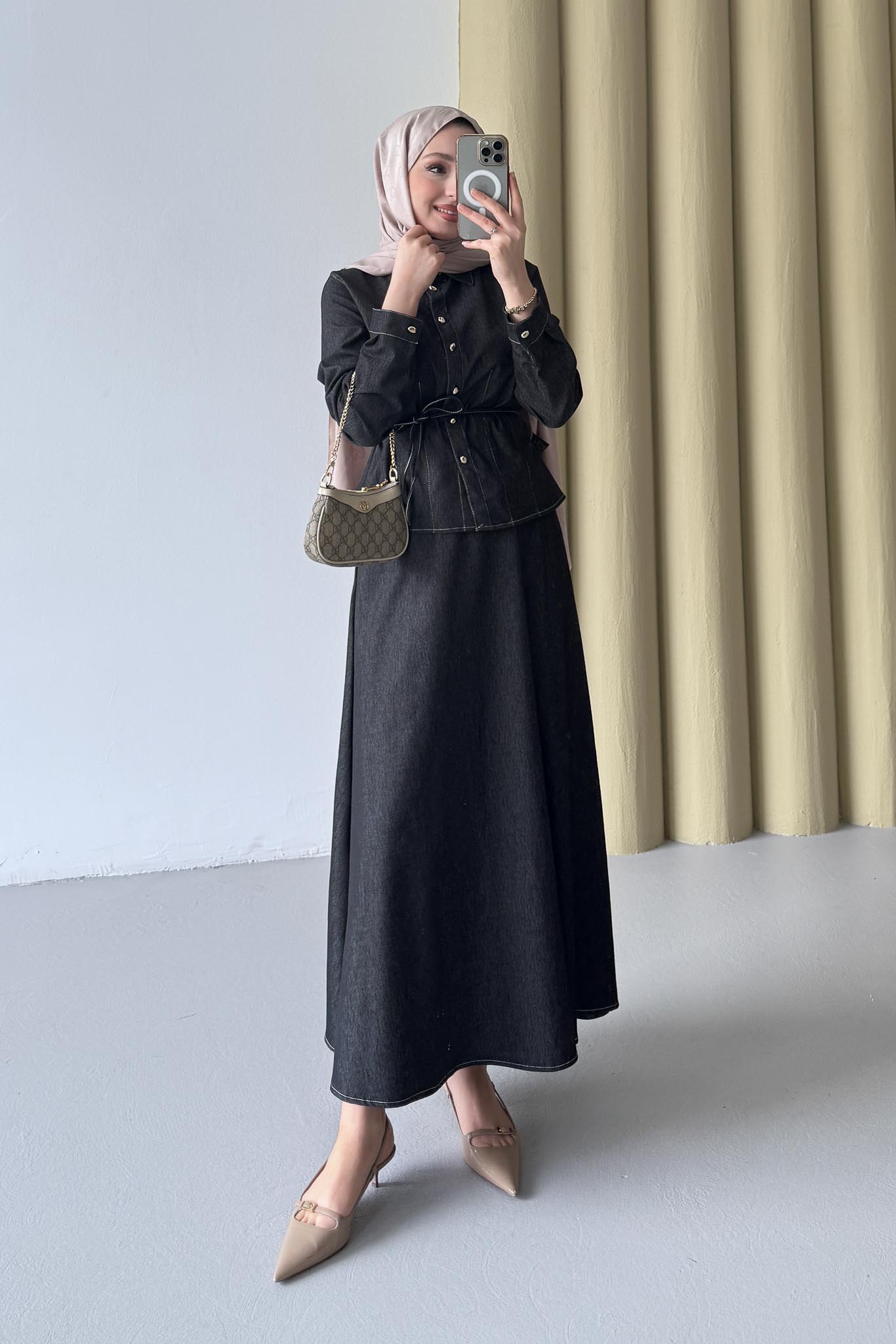 Düğmeli Kot Takım Siyah