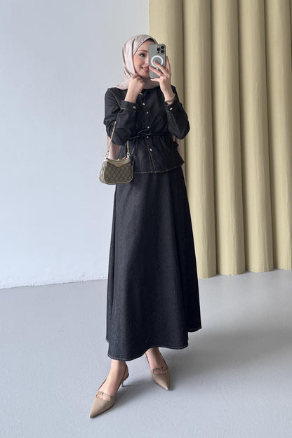 Düğmeli Kot Takım Siyah