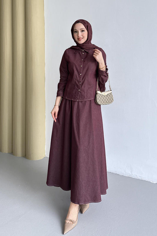 Düğmeli Kot Takım Bordo