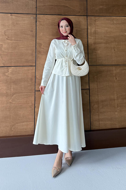 Düğmeli Kot Takım Ekru