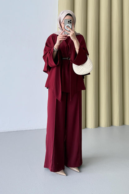 Lanse Kemerli Ceket Takım Bordo