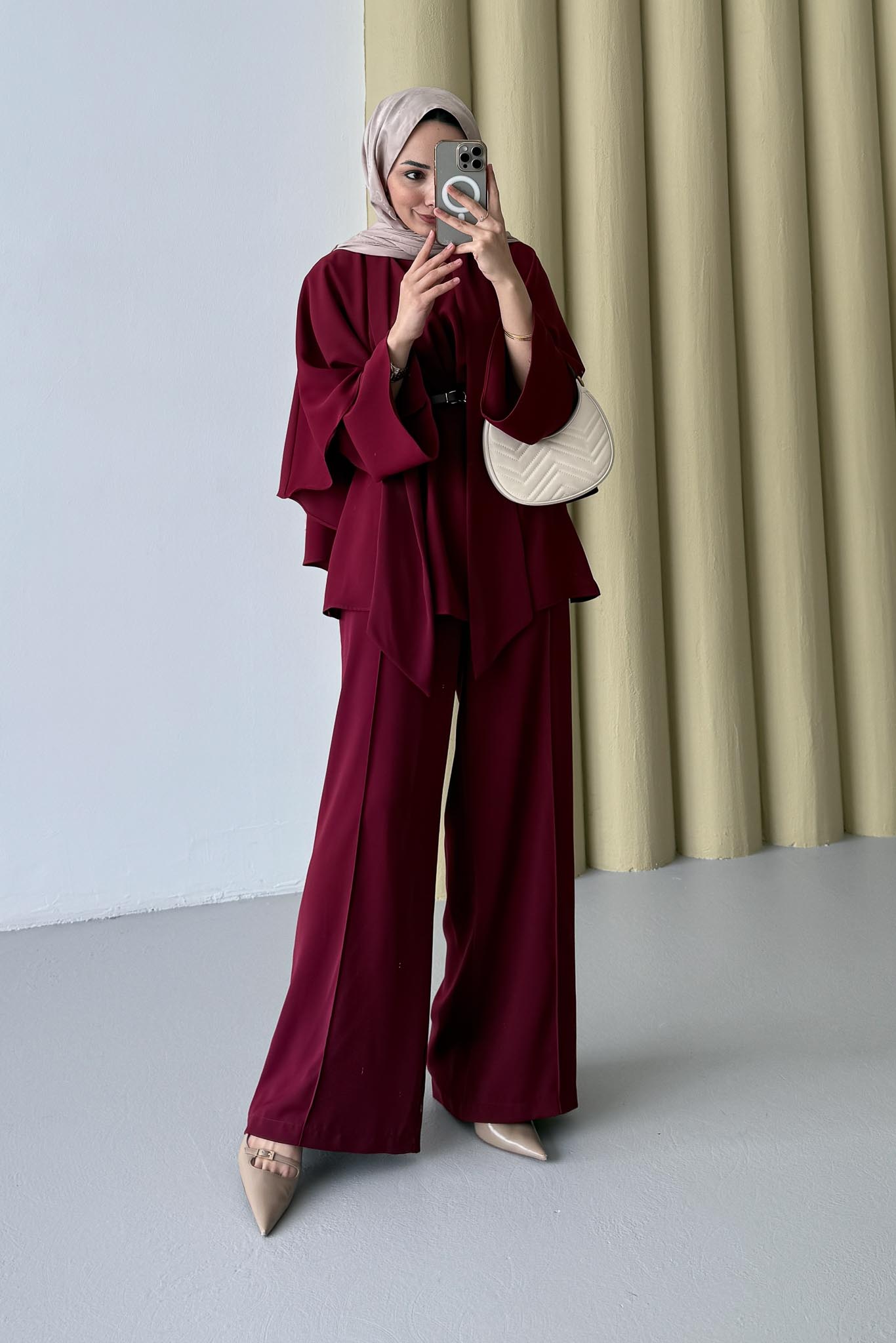 Lanse Kemerli Ceket Takım Bordo