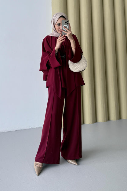 Lanse Kemerli Ceket Takım Bordo