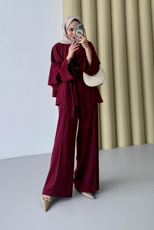 Lanse Kemerli Ceket Takım Bordo