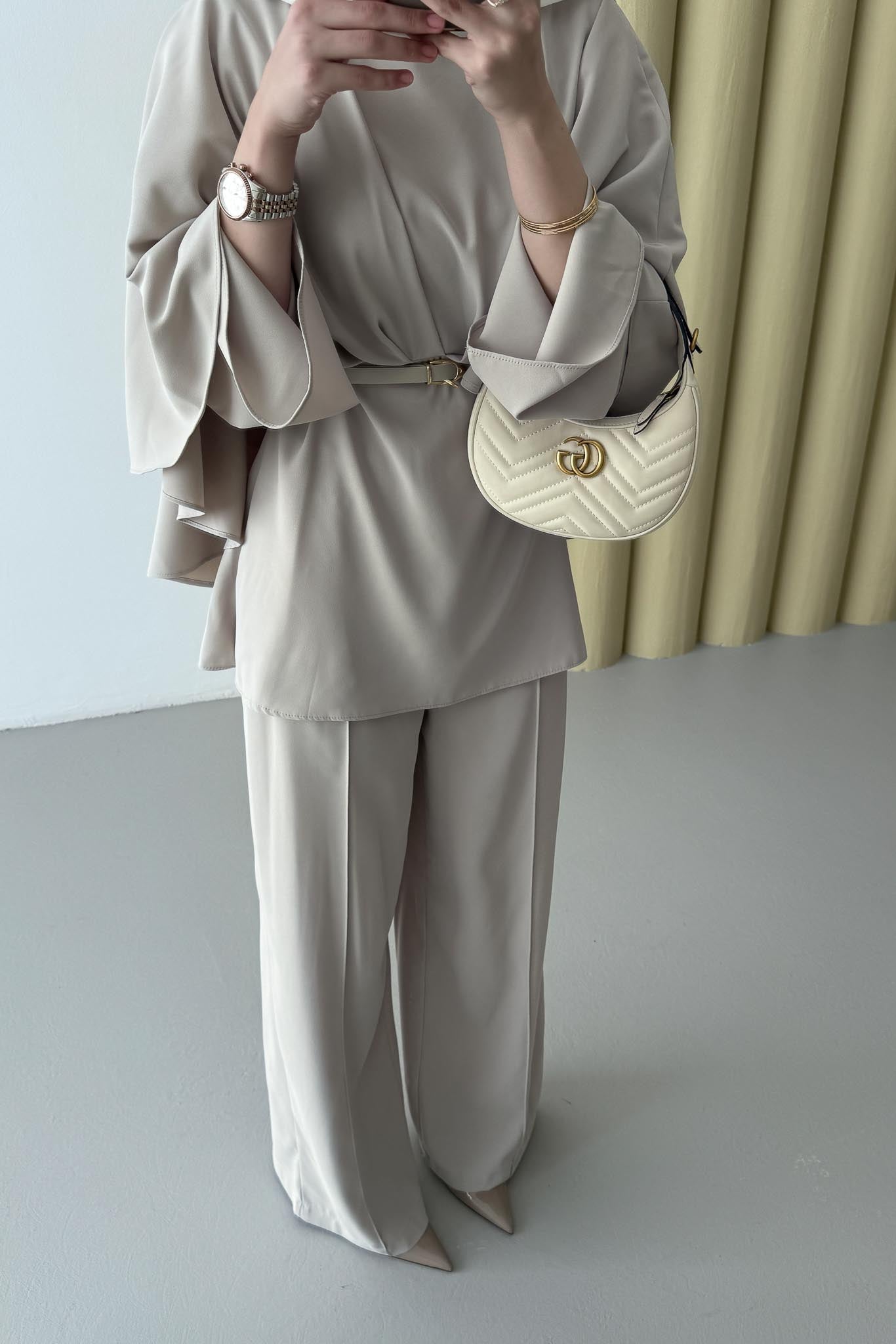 Lanse Kemerli Ceket Takım Bej