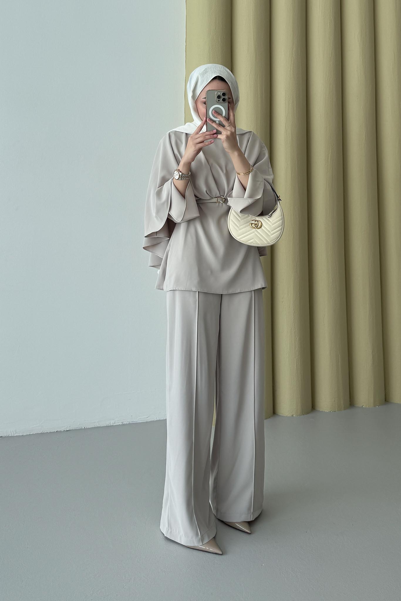 Lanse Kemerli Ceket Takım Bej