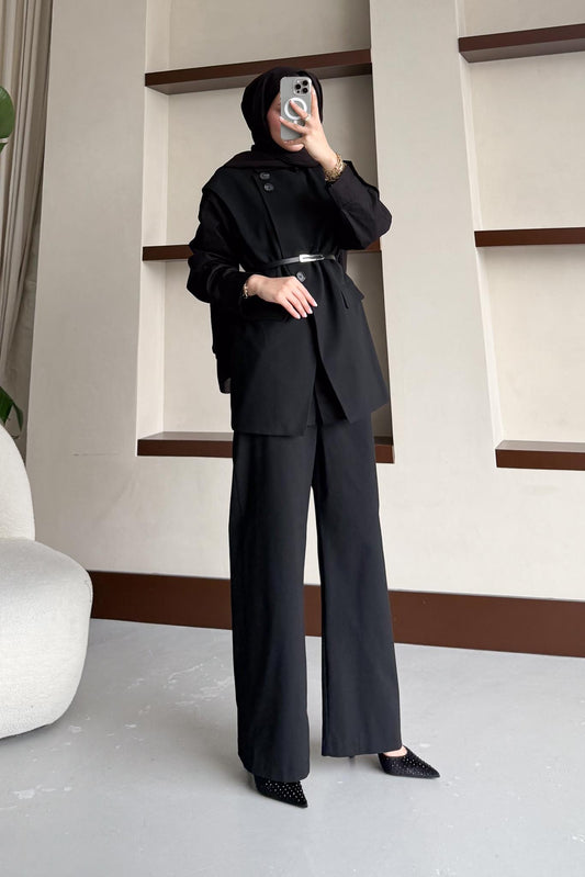 Karen Çift Düğmeli Takım Siyah