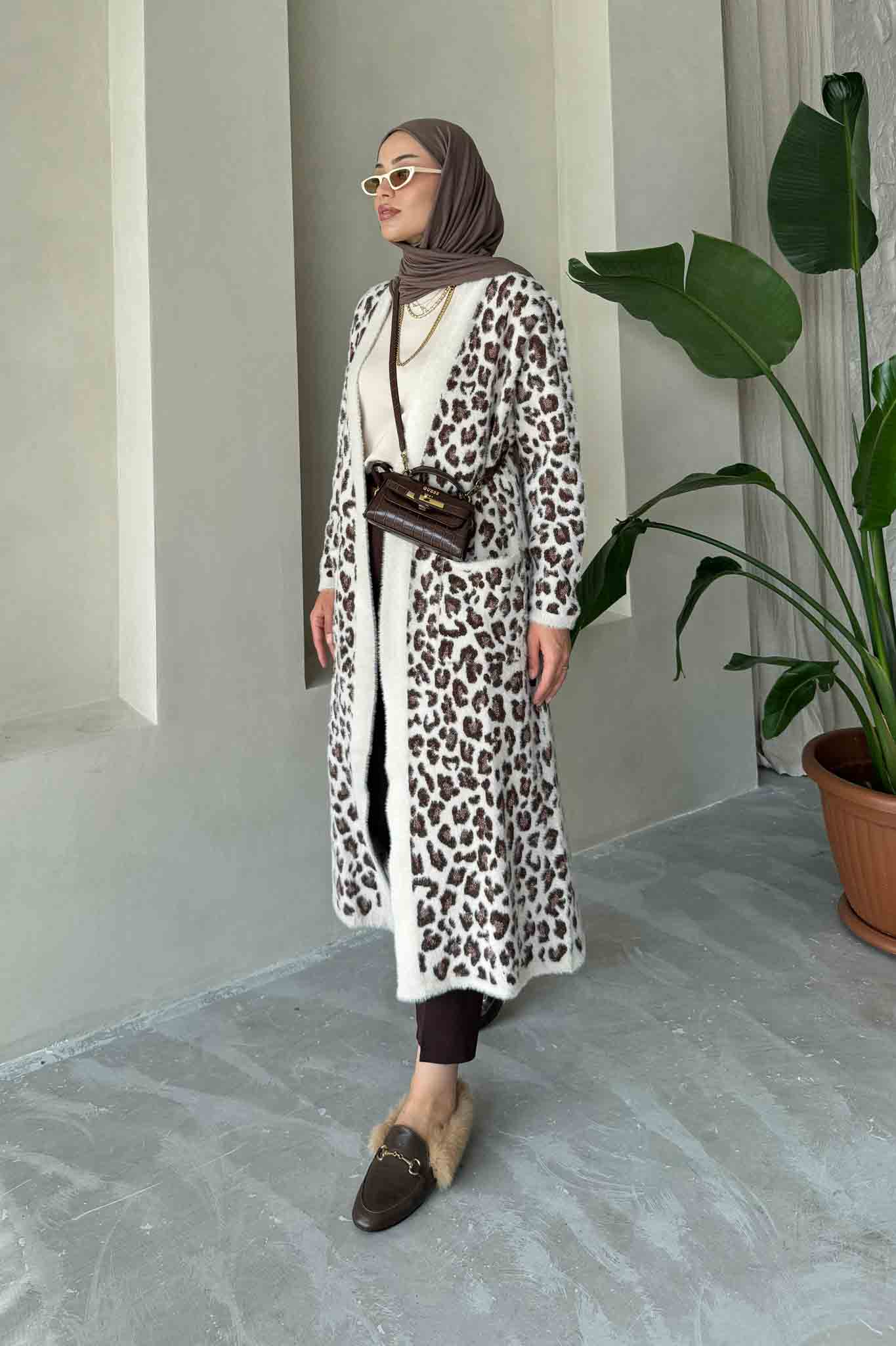 Leopar Dokulu Hırka Vizon