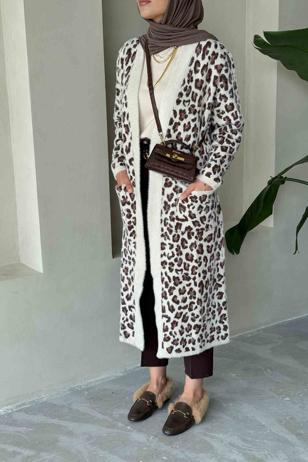Leopar Dokulu Hırka Vizon