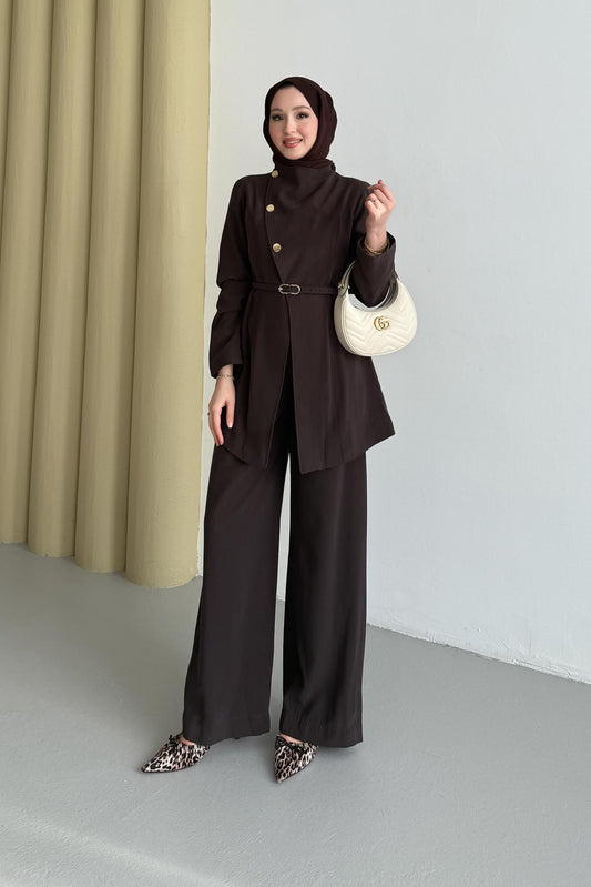 Madam Gold Düğmeli Takım Kahve