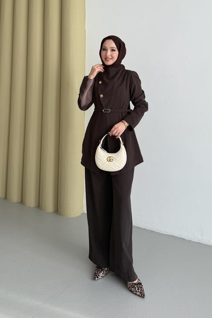 Madam Gold Düğmeli Takım Kahve