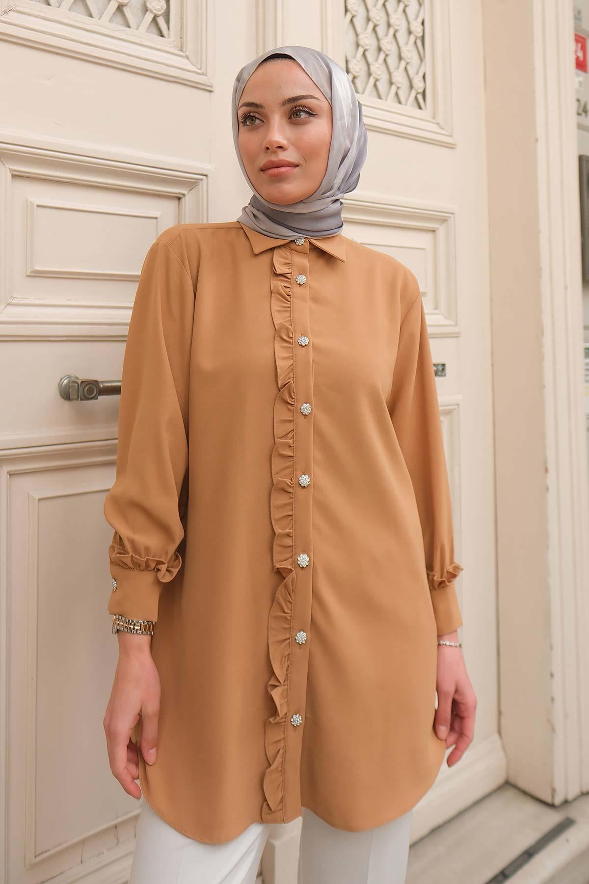 Marie Fırfırlı Gömlek Taba