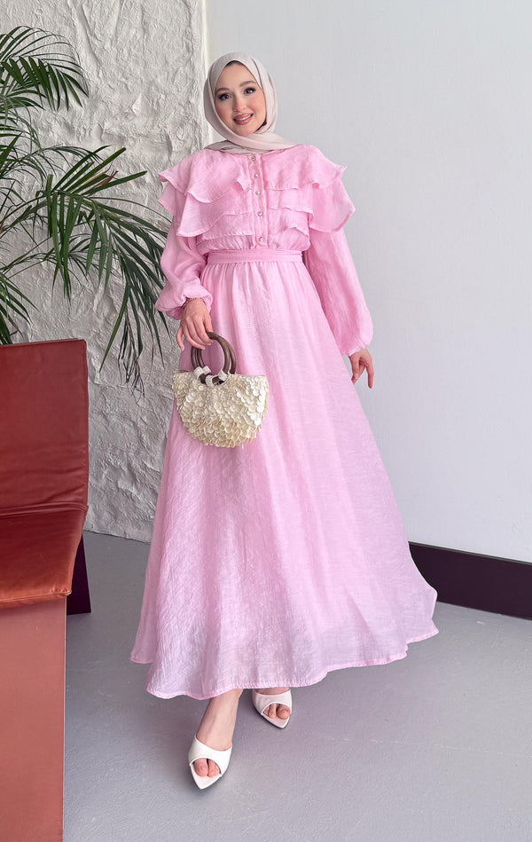 Melan Fırfırlı Elbise Pembe