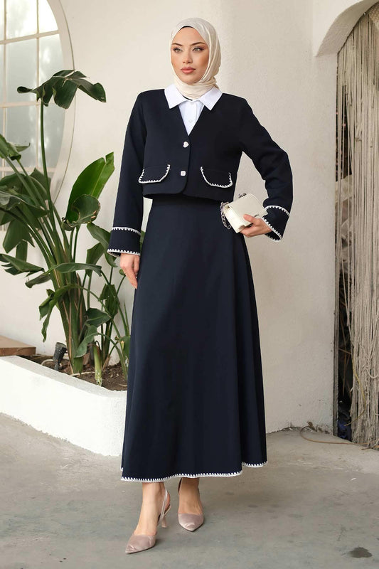 Mussel Stitched Skirt Suit Navy Blue