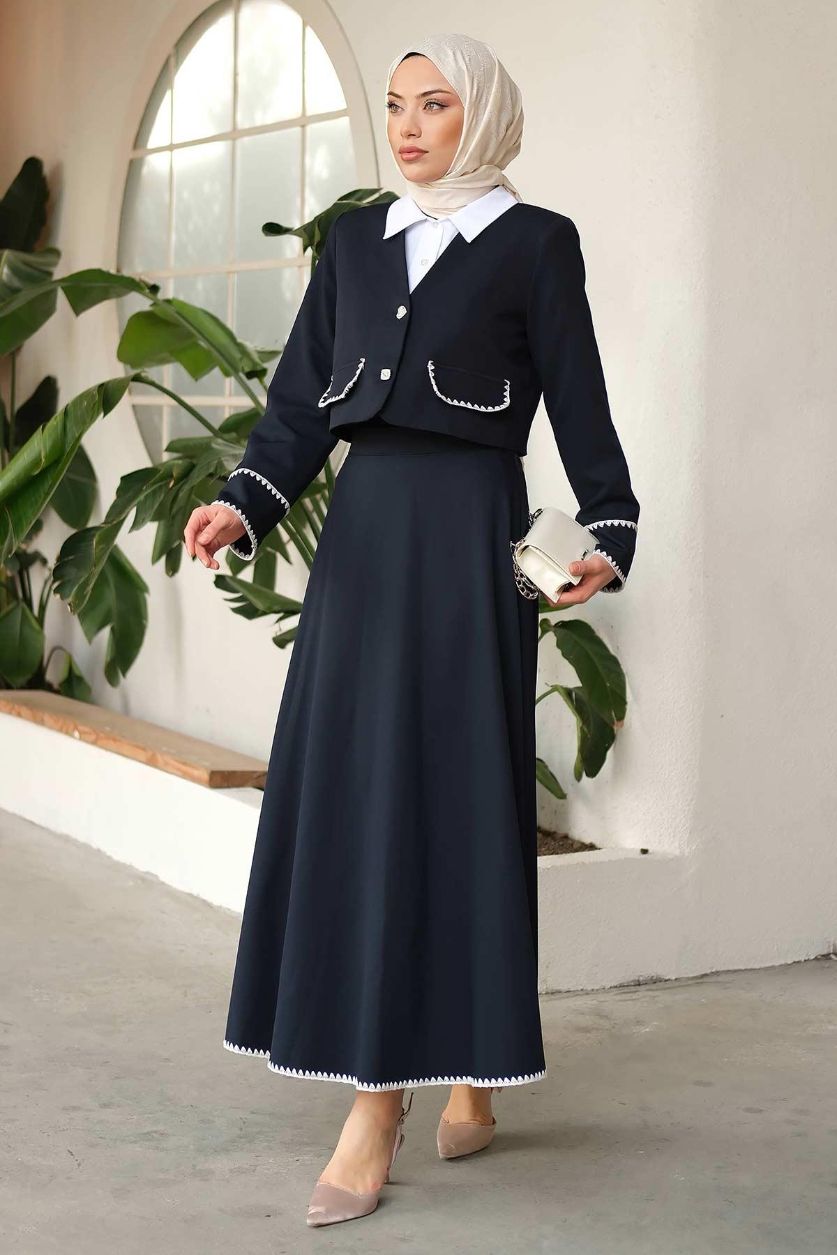 Mussel Stitched Skirt Suit Navy Blue