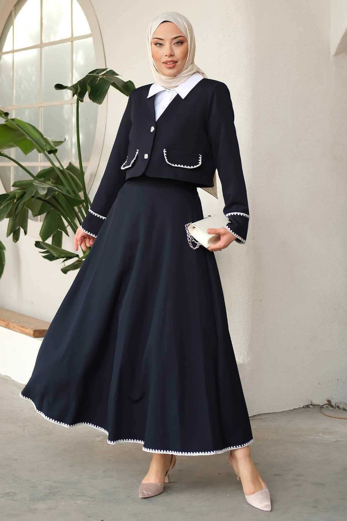 Mussel Stitched Skirt Suit Navy Blue