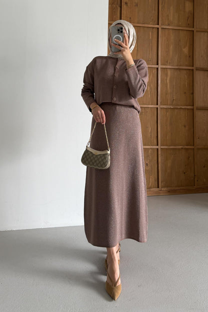 Simli Triko Takım Sütlü Kahve