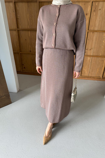 Simli Triko Takım Sütlü Kahve