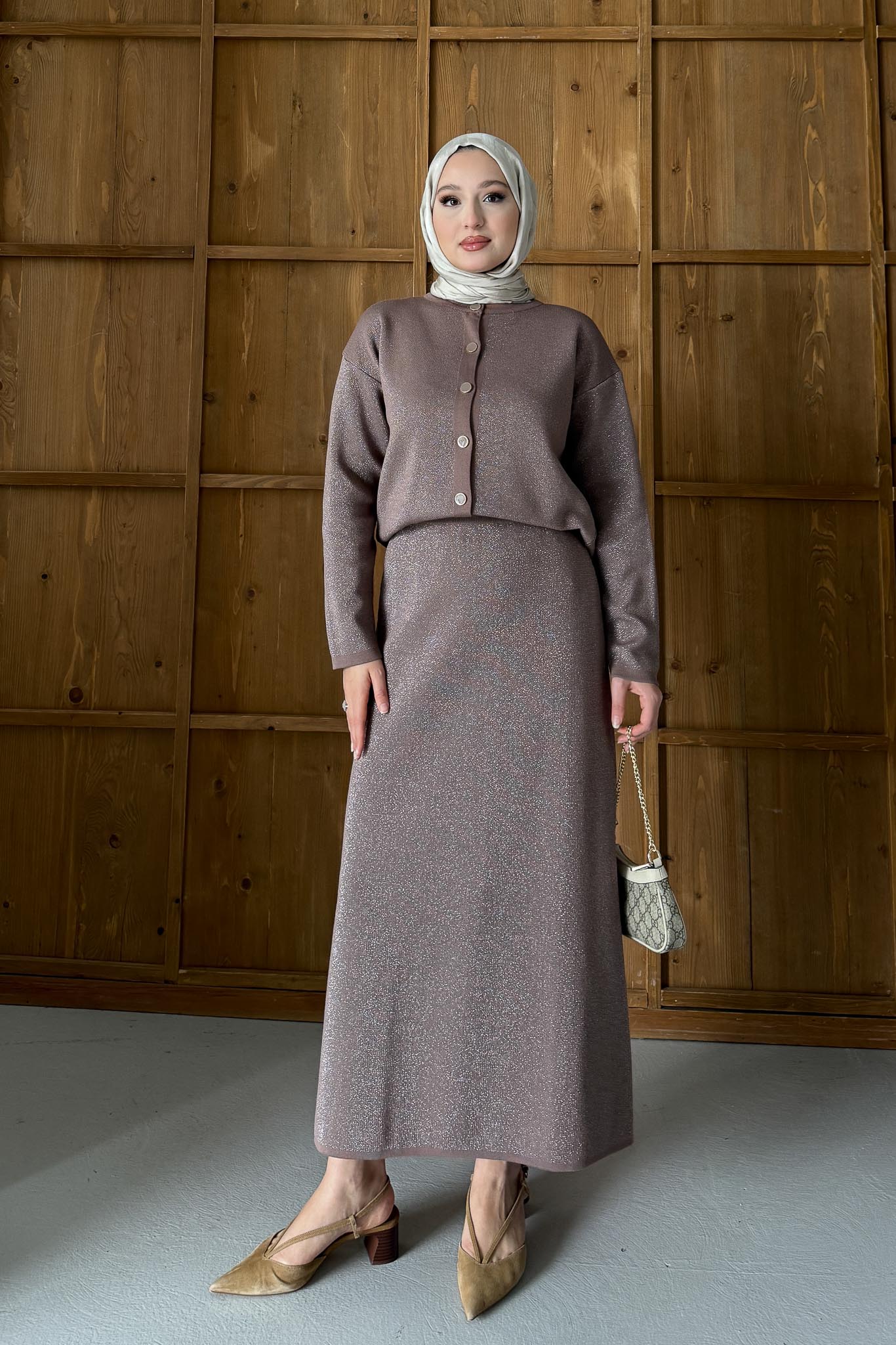 Simli Triko Takım Sütlü Kahve