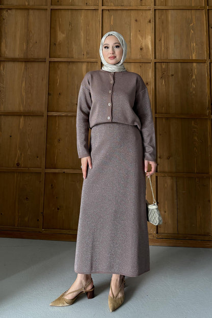 Simli Triko Takım Sütlü Kahve