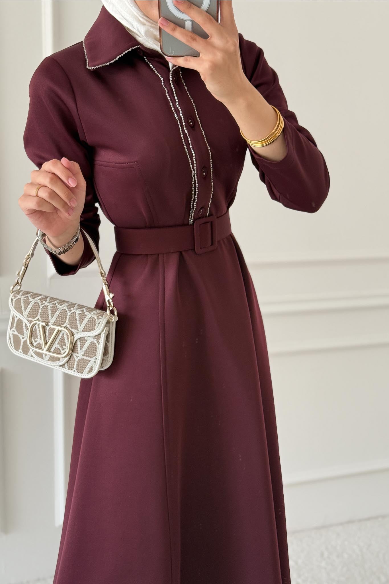 Yaldızlı Elbise Bordo