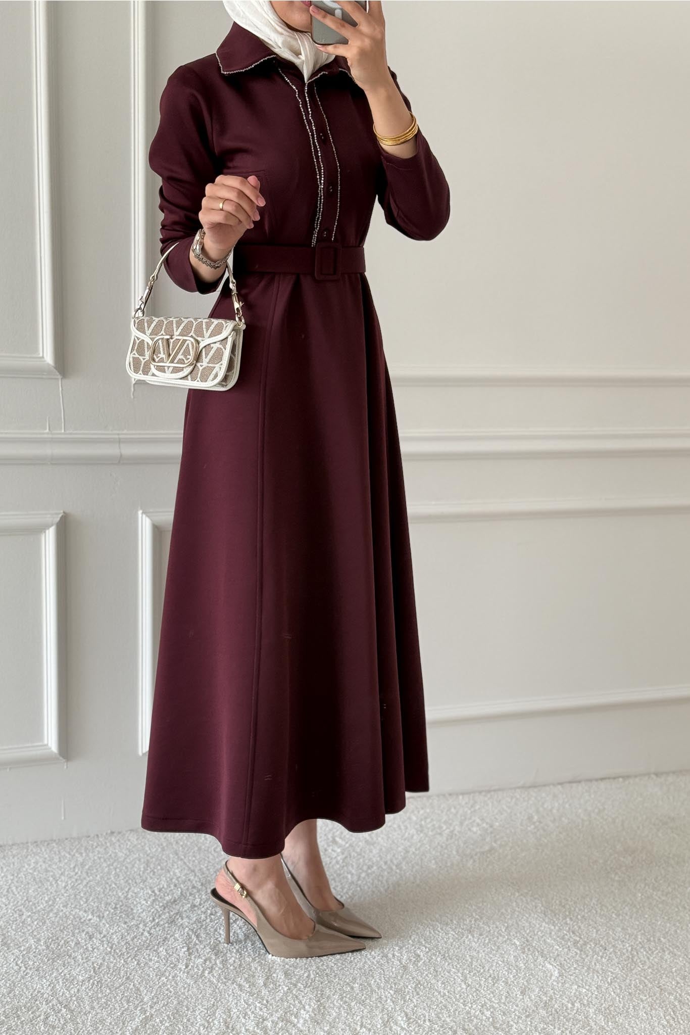 Yaldızlı Elbise Bordo