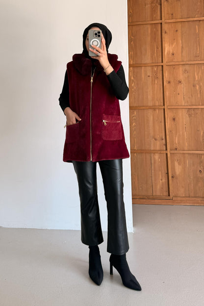 İtalian Yakalı Angora Yelek Bordo